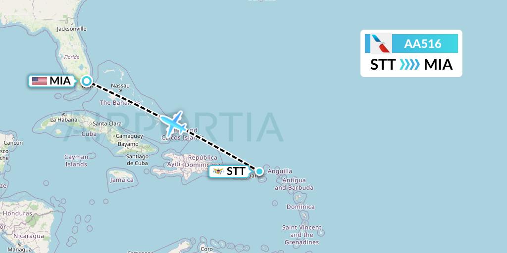 AA516 American Airlines Flight Map: St. Thomas to Miami