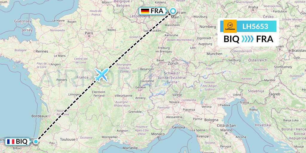 LH5653 Lufthansa Flight Map: Biarritz to Frankfurt