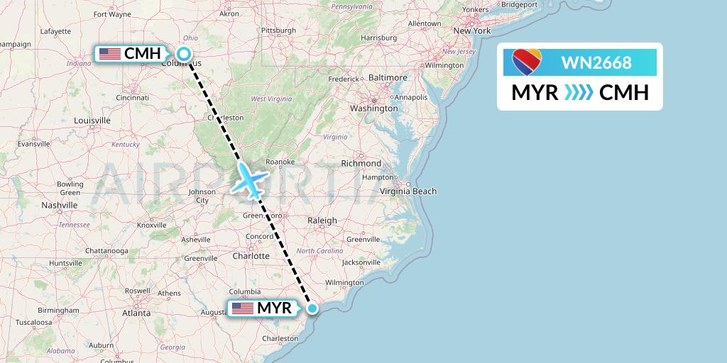 WN2668 Southwest Airlines Flight Map: Myrtle Beach to Columbus