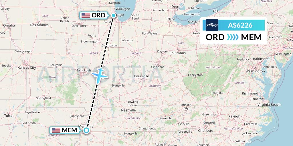 AS6226 Alaska Airlines Flight Map: Chicago to Memphis