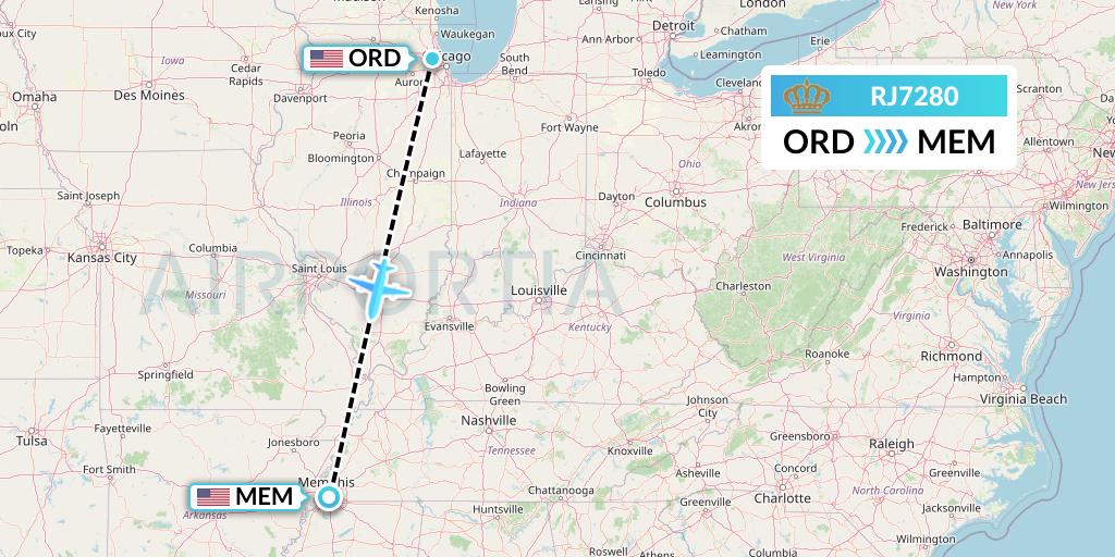 RJ7280 Royal Jordanian Flight Map: Chicago to Memphis