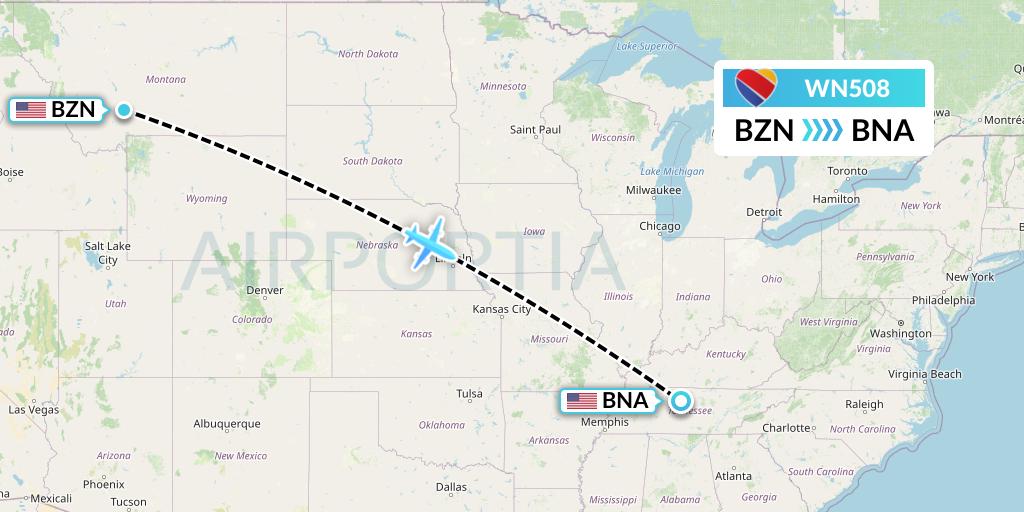 WN508 Southwest Airlines Flight Map: Bozeman to Nashville