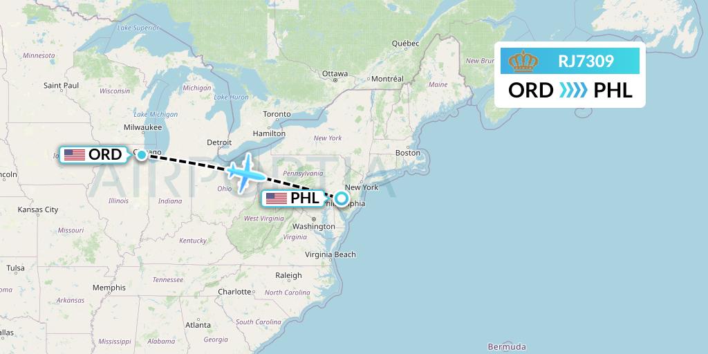 RJ7309 Royal Jordanian Flight Map: Chicago to Philadelphia