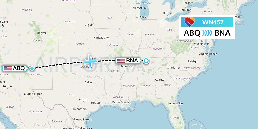 WN457 Southwest Airlines Flight Map: Albuquerque to Nashville