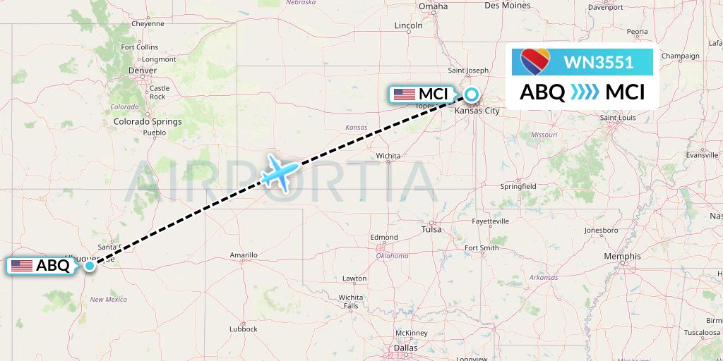 WN3551 Southwest Airlines Flight Map: Albuquerque to Kansas City