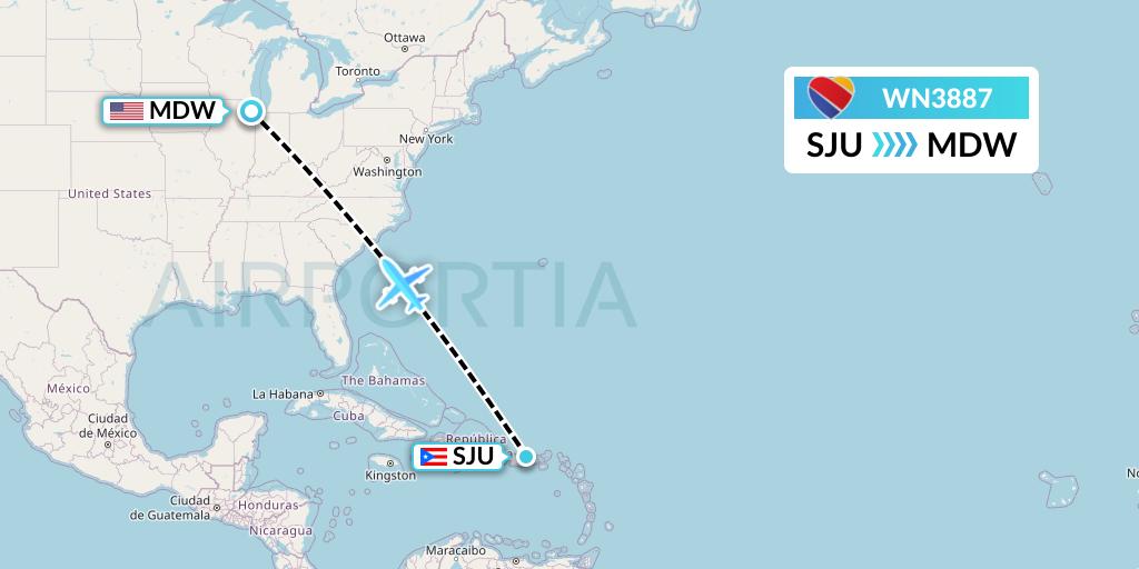 WN3887 Southwest Airlines Flight Map: San Juan to Chicago