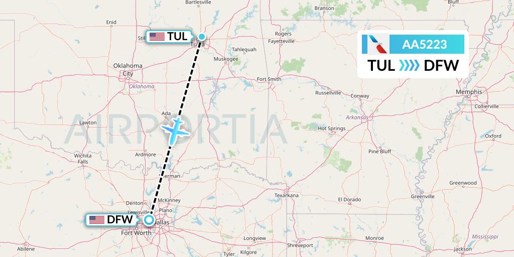 AA5223 American Airlines Flight Map: Tulsa to Dallas