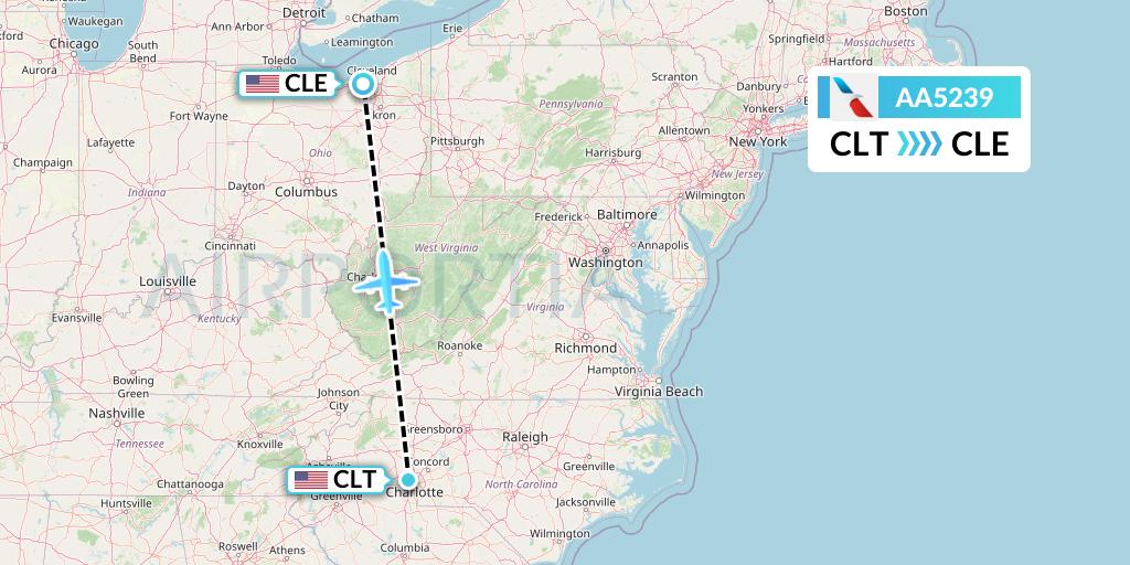 AA5239 American Airlines Flight Map: Charlotte to Cleveland