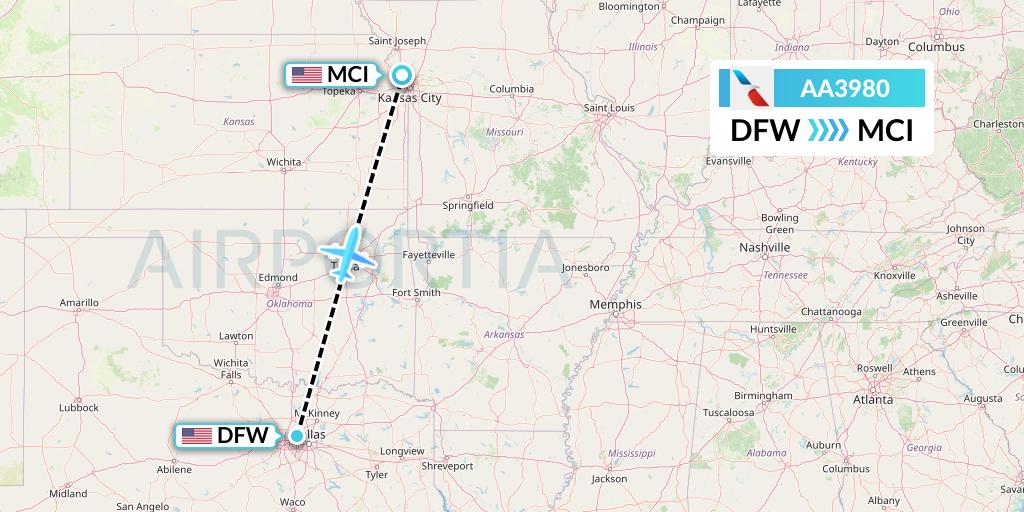 AA3980 American Airlines Flight Map: Dallas to Kansas City