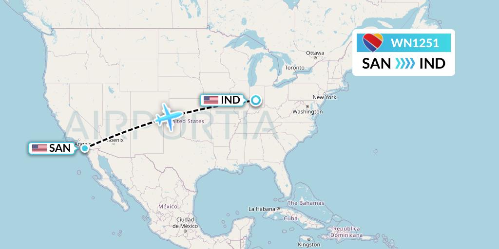 WN1251 Southwest Airlines Flight Map: San Diego to Indianapolis