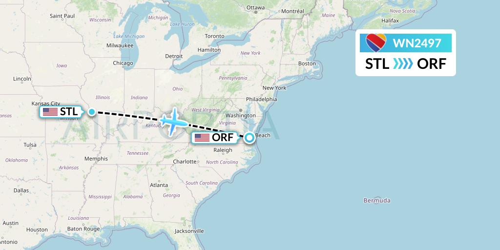 WN2497 Southwest Airlines Flight Map: St. Louis to Norfolk