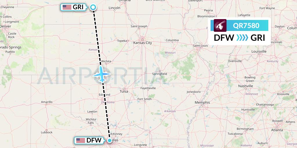 QR7580 Qatar Airways Flight Map: Dallas to Grand Island