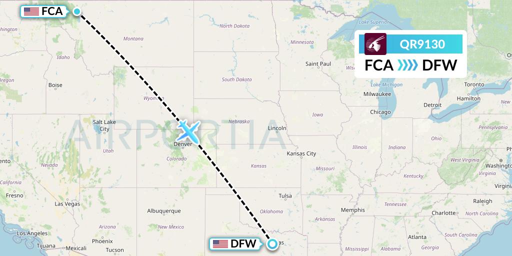 QR9130 Qatar Airways Flight Map: Kalispell to Dallas