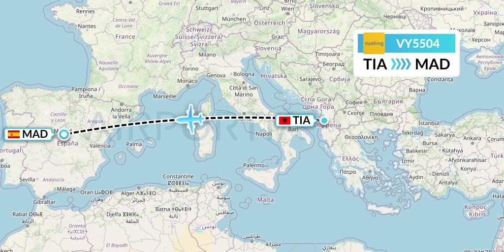VY5504 Vueling Flight Map: Tirana to Madrid