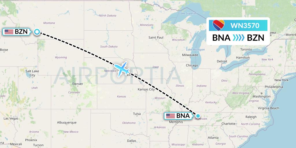 WN3570 Southwest Airlines Flight Map: Nashville to Bozeman
