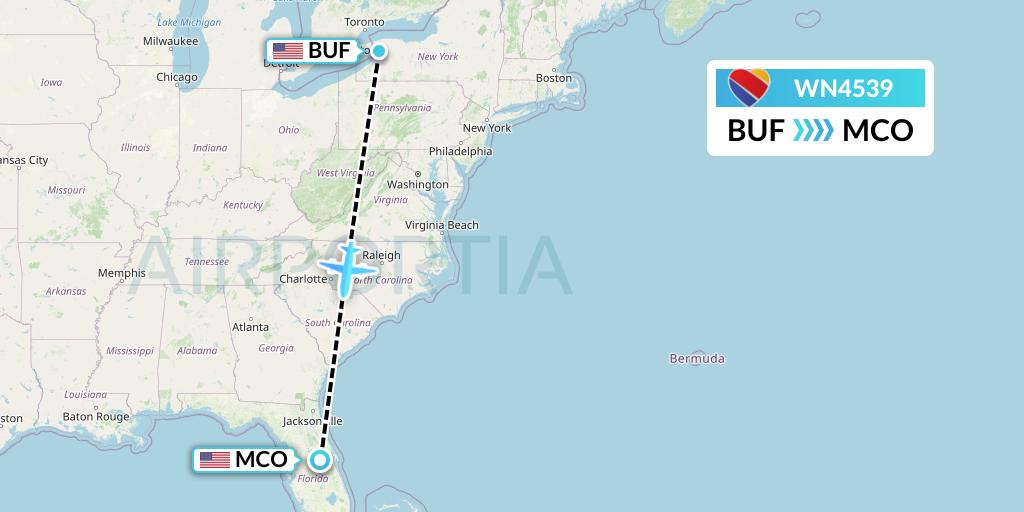 WN4539 Southwest Airlines Flight Map: Buffalo to Orlando