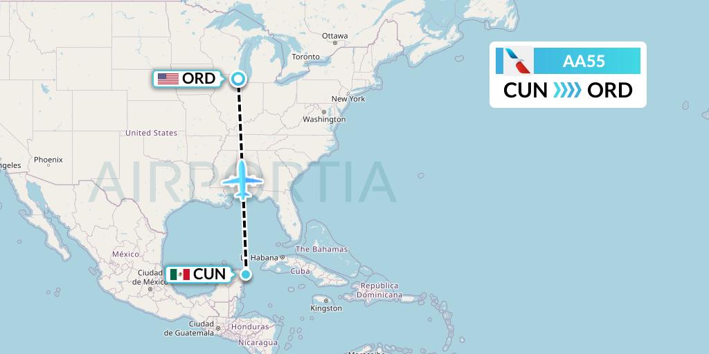 AA55 American Airlines Flight Map: Cancun to Chicago