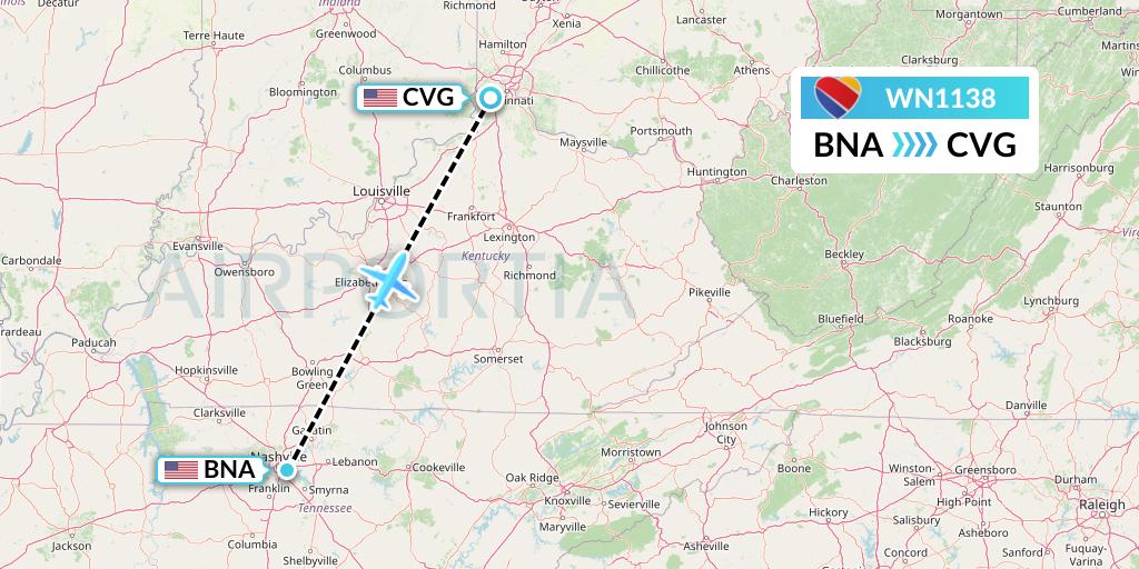 WN1138 Southwest Airlines Flight Map: Nashville to Cincinnati