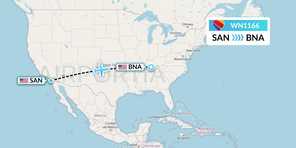 WN1166 Southwest Airlines Flight Map: San Diego to Nashville