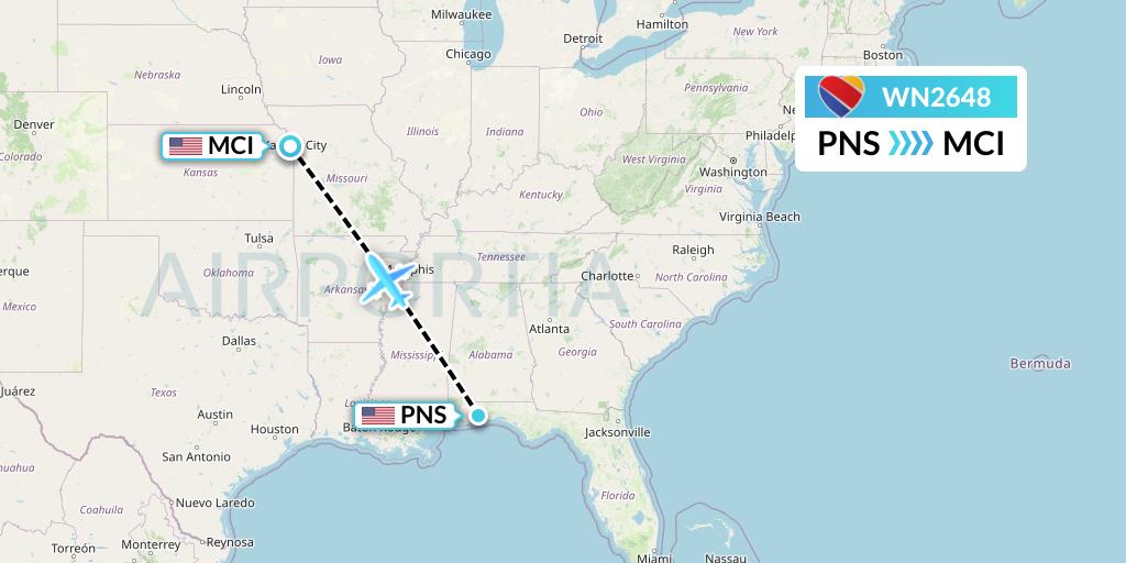 WN2648 Southwest Airlines Flight Map: Pensacola to Kansas City