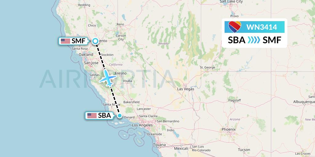 WN3414 Southwest Airlines Flight Map: Santa Barbara to Sacramento