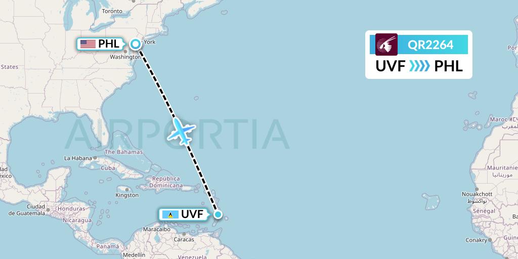QR2264 Qatar Airways Flight Map: Vieux Fort to Philadelphia