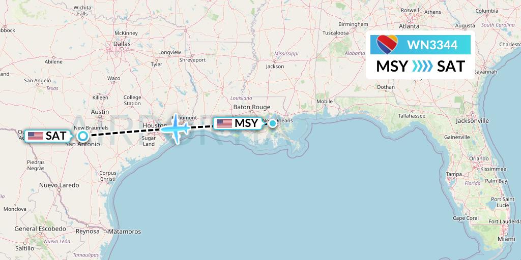 WN3344 Southwest Airlines Flight Map: New Orleans to San Antonio