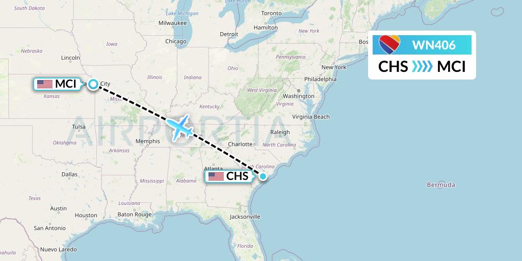 WN406 Southwest Airlines Flight Map: Charleston to Kansas City