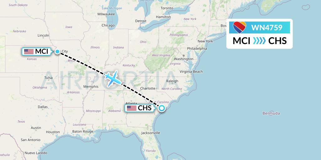 WN4759 Southwest Airlines Flight Map: Kansas City to Charleston