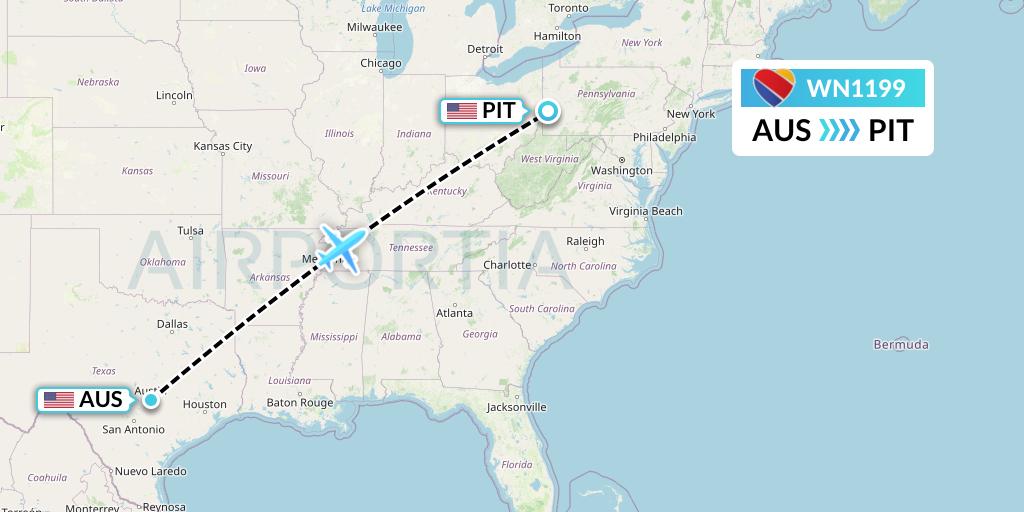 WN1199 Southwest Airlines Flight Map: Austin to Pittsburgh