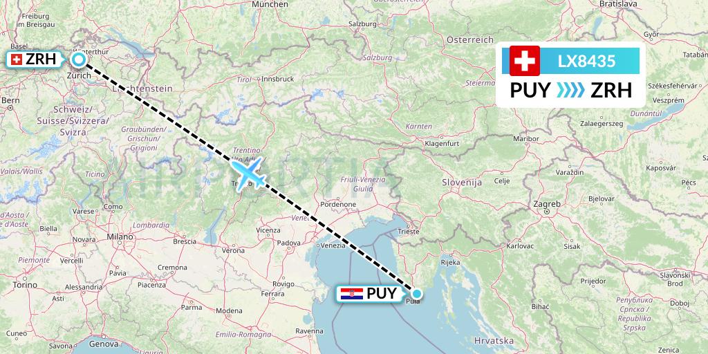 LX8435 Swiss Flight Map: Pula to Zurich