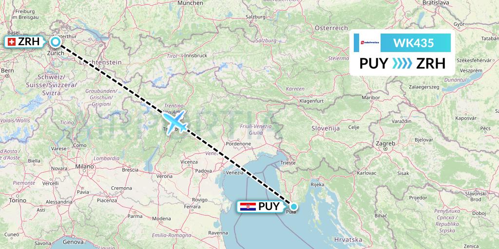 WK435 Edelweiss Air Flight Map: Pula to Zurich