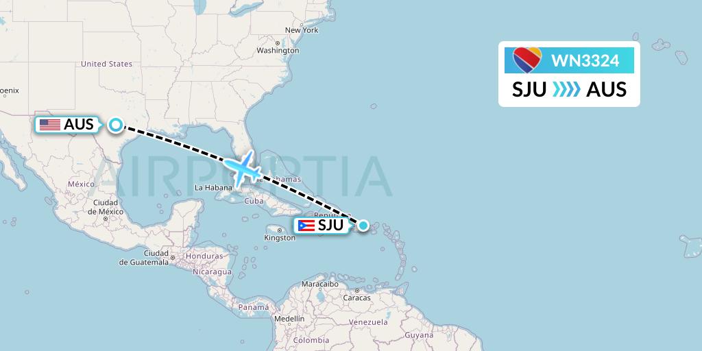 WN3324 Southwest Airlines Flight Map: San Juan to Austin