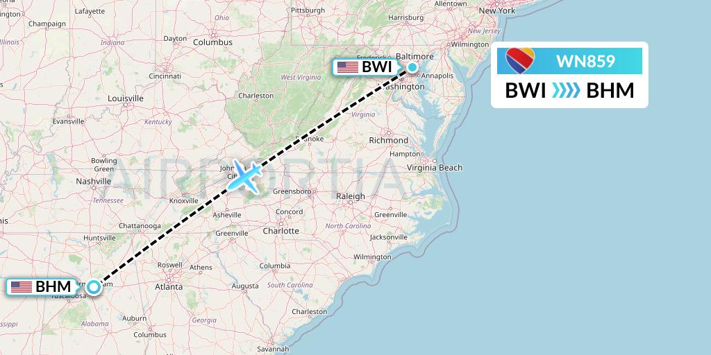 WN859 Southwest Airlines Flight Map: Baltimore to Birmingham