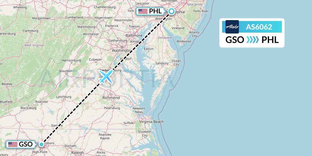 AS6062 Alaska Airlines Flight Map: Greensboro to Philadelphia