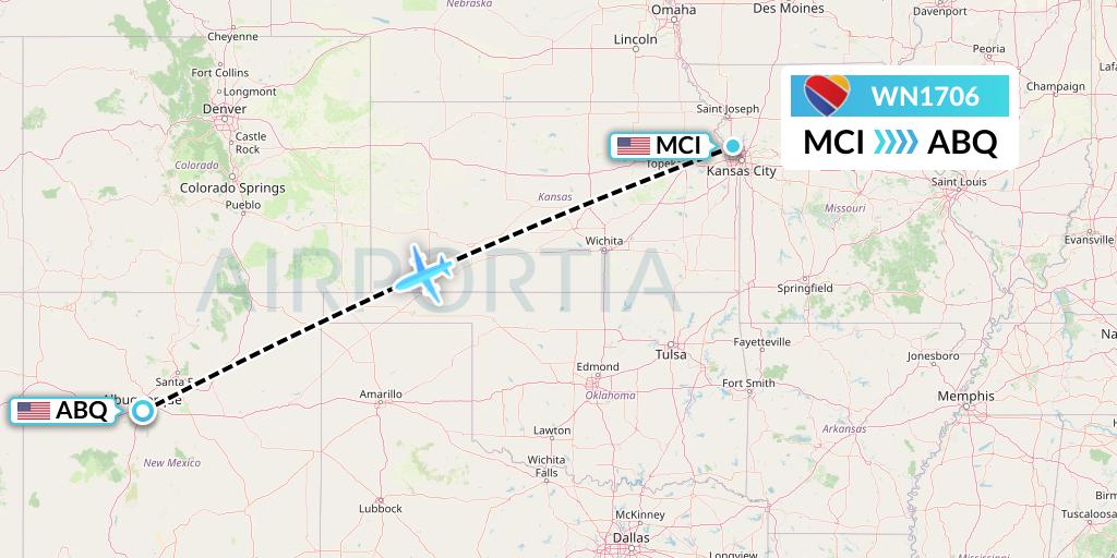 WN1706 Southwest Airlines Flight Map: Kansas City to Albuquerque