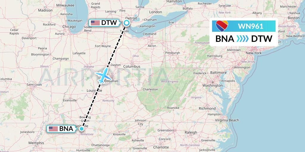 WN961 Southwest Airlines Flight Map: Nashville to Detroit