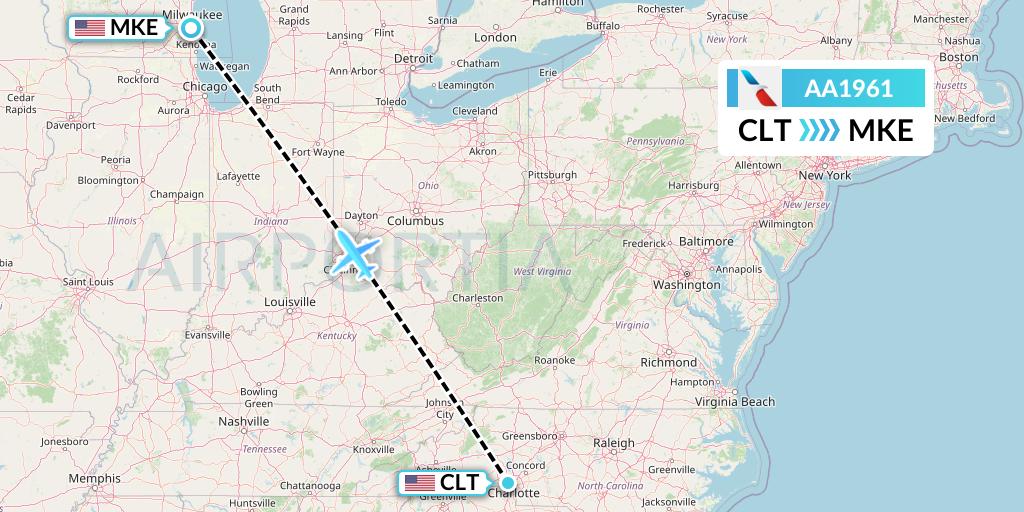 AA1961 American Airlines Flight Map: Charlotte to Milwaukee