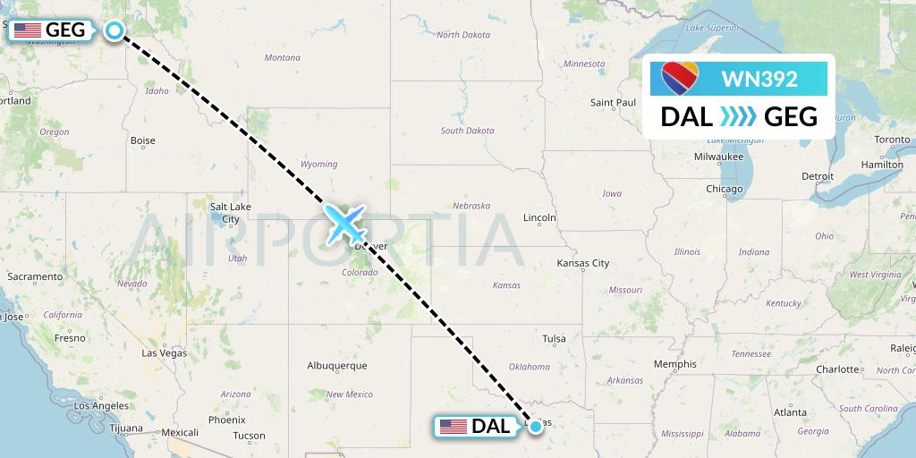 WN392 Southwest Airlines Flight Map: Dallas to Spokane