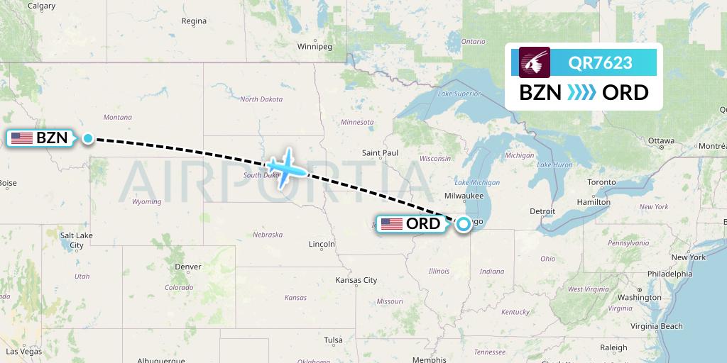 QR7623 Qatar Airways Flight Map: Bozeman to Chicago