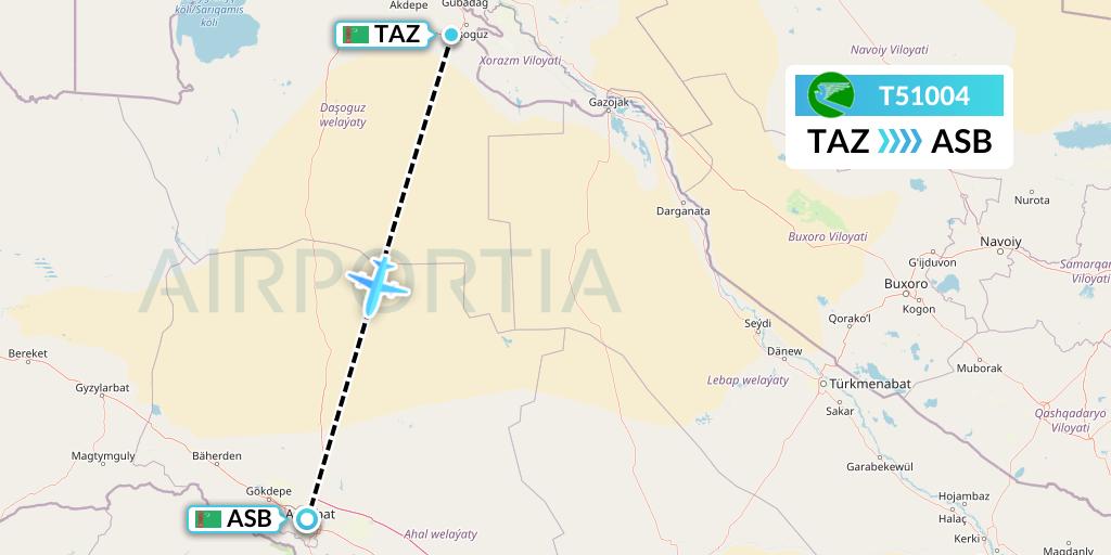 T51004 Turkmenistan Airlines Flight Map: Dasoguz to Ashgabat