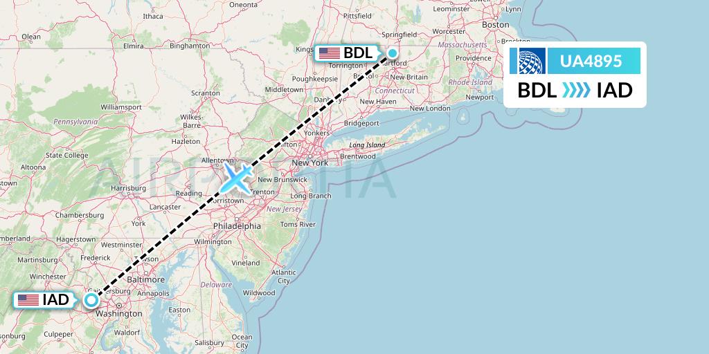 UA4895 United Airlines Flight Map: Windsor Locks to Washington