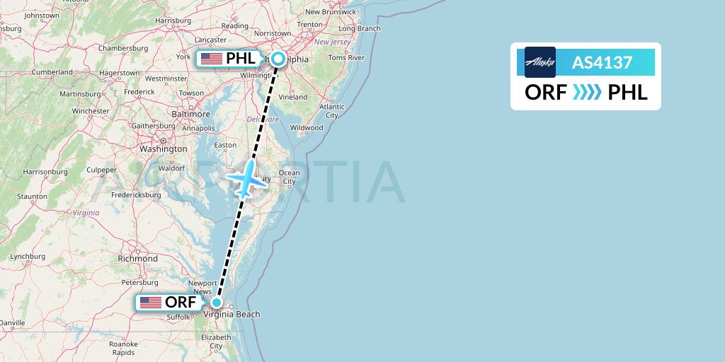 AS4137 Alaska Airlines Flight Map: Norfolk to Philadelphia