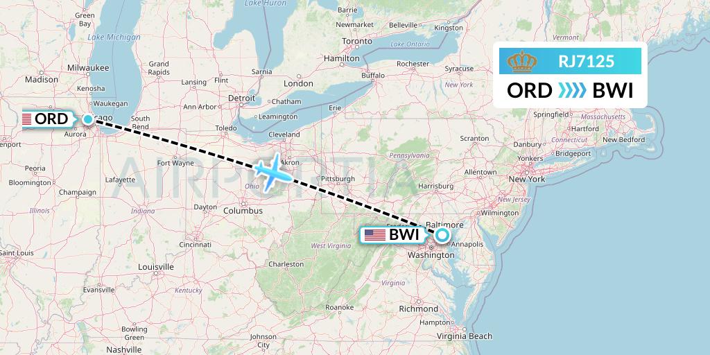 RJ7125 Royal Jordanian Flight Map: Chicago to Baltimore