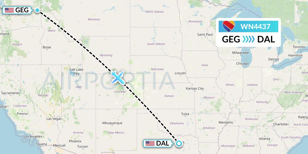WN4437 Southwest Airlines Flight Map: Spokane to Dallas