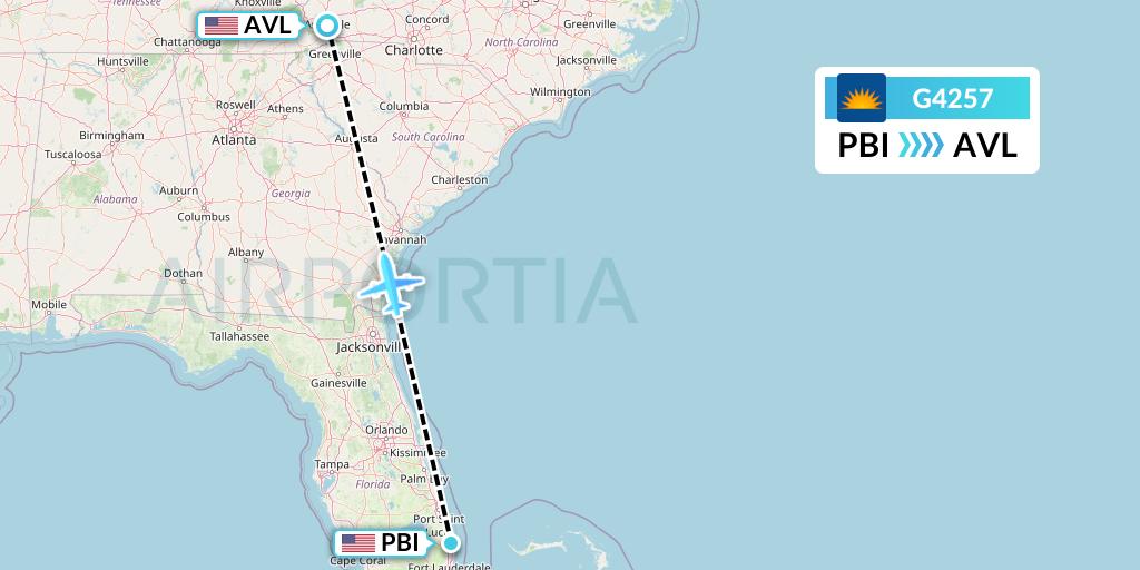 G4257 Allegiant Air Flight Map: West Palm Beach to Asheville