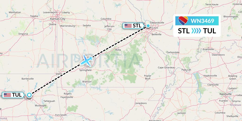WN3469 Southwest Airlines Flight Map: St. Louis to Tulsa