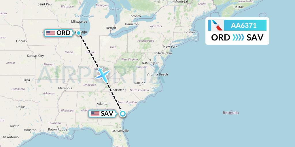 AA6371 American Airlines Flight Map: Chicago to Savannah