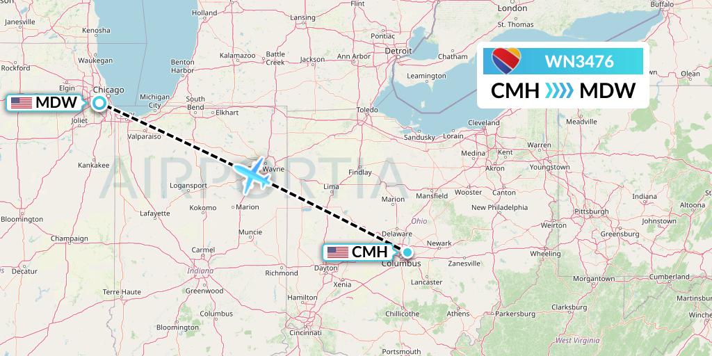 WN3476 Southwest Airlines Flight Map: Columbus to Chicago