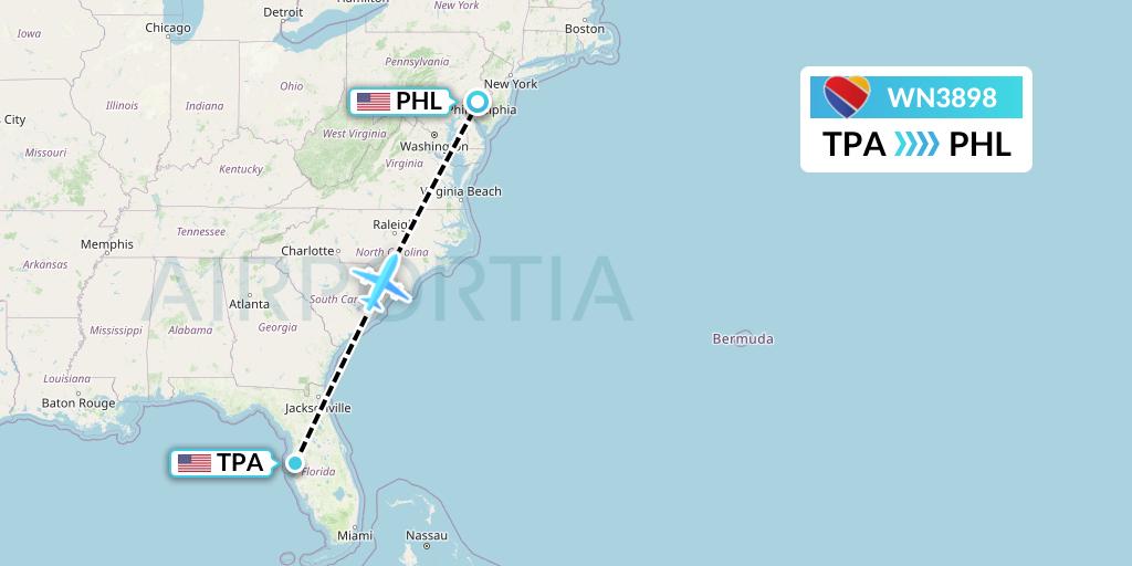 WN3898 Southwest Airlines Flight Map: Tampa to Philadelphia